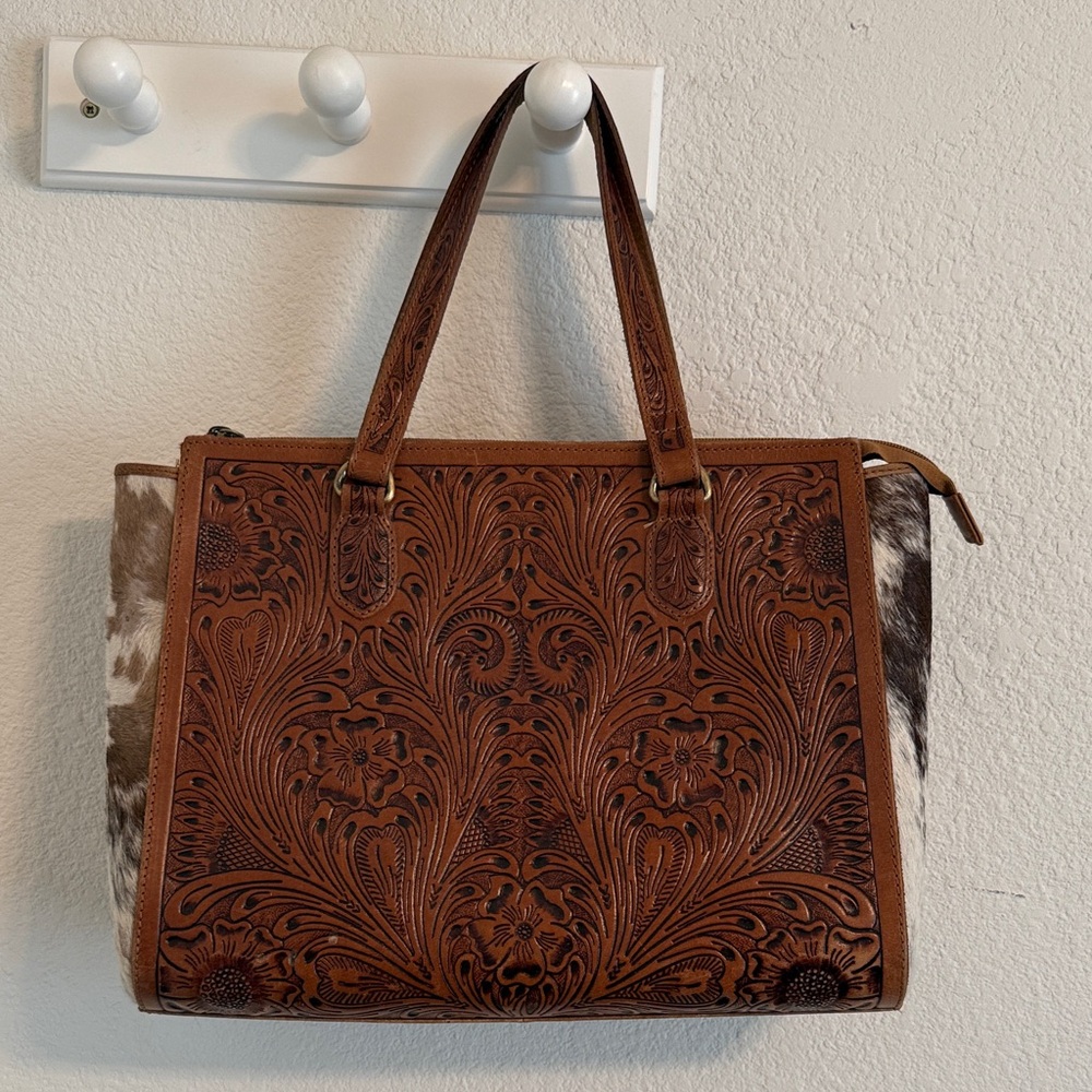 MYRA Brown Embossed Leather Tote Bag